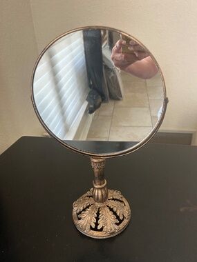Ornate Gold-Tone Swivel Vanity Mirror. 14”Tall